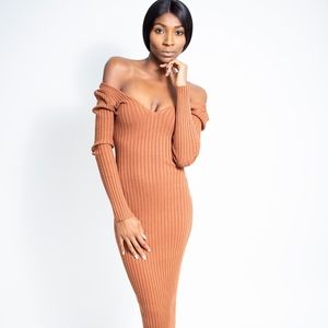 Off Shoulder Ribbed V-Neck  Dress